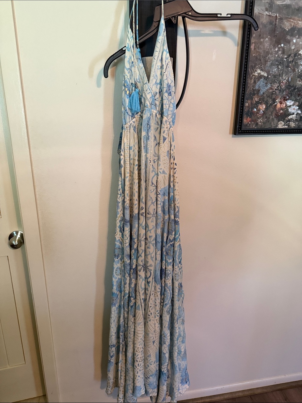 India Boutique NWT Blue Ivory Gold Boho Halter Maxi Dress M